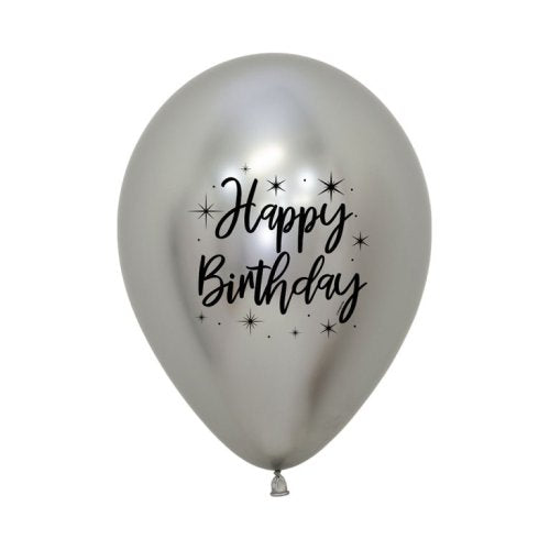 Helium INFLATED Happy Birthday Radiant Reflex Silver Latex Balloon