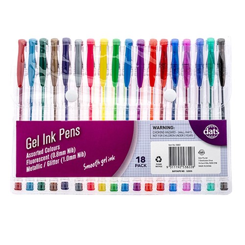 Pen Gel 18pk Mixed Metallic Glitter Bright Cols PVC Wallet