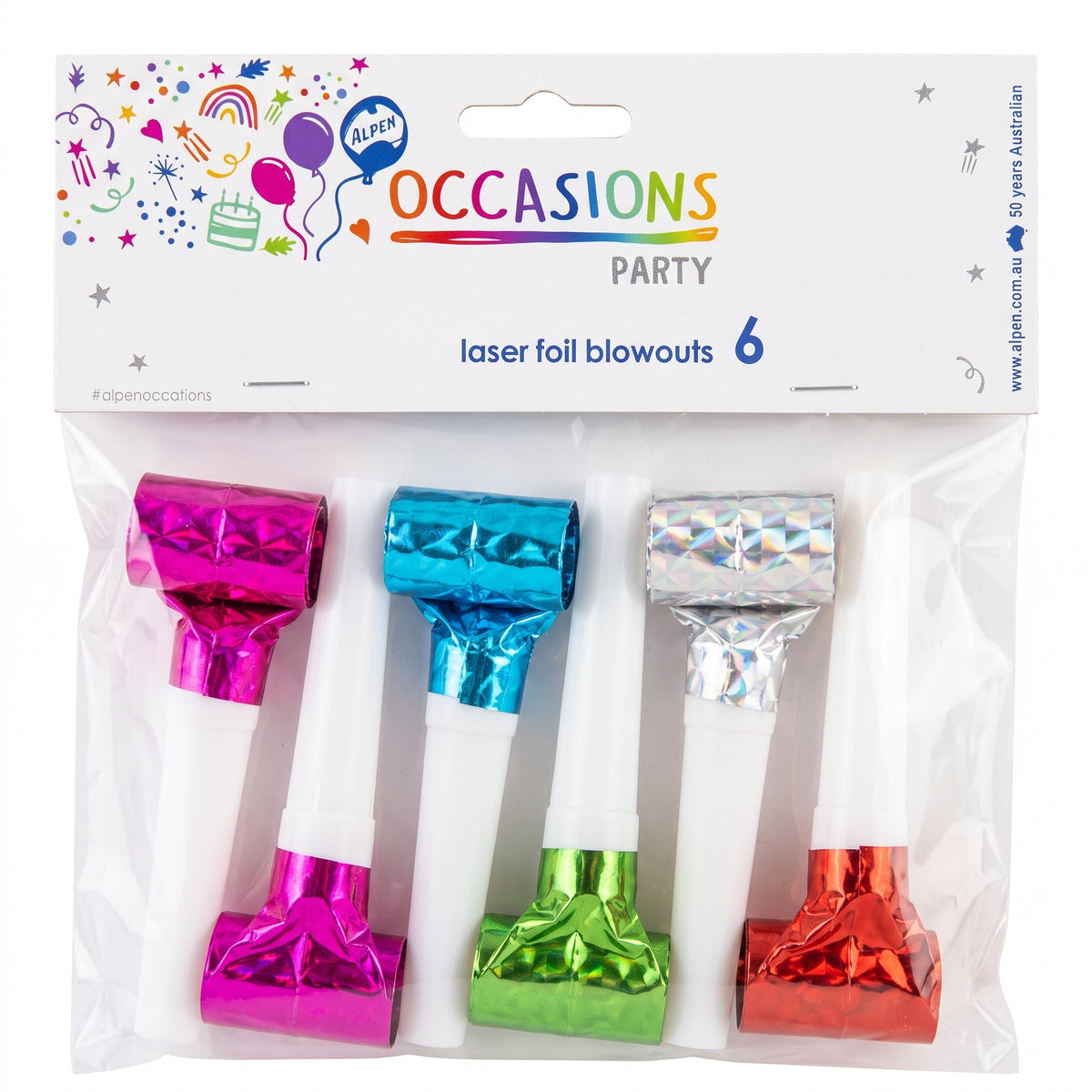 Pack of six metallic laser foil party blowouts in packaging