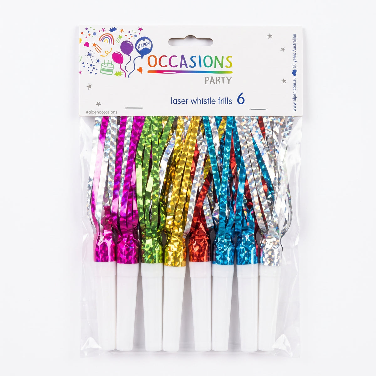 Pack of six laser foil whistle frills in packaging