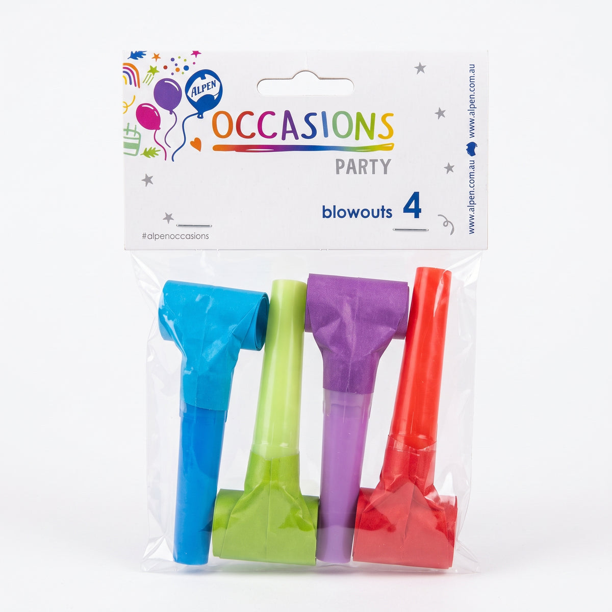 Pack of four coloured party blowouts in packaging
