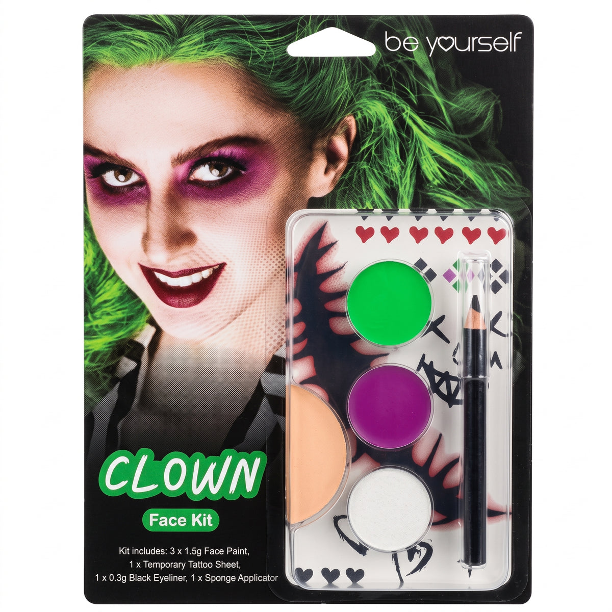 Clown face paint kit with green, magenta and white paints, tattoo sheet and eyeliner