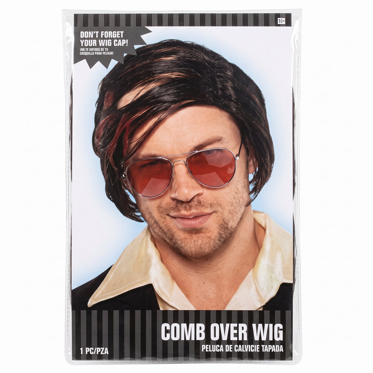 Brown comb over costume wig in packaging