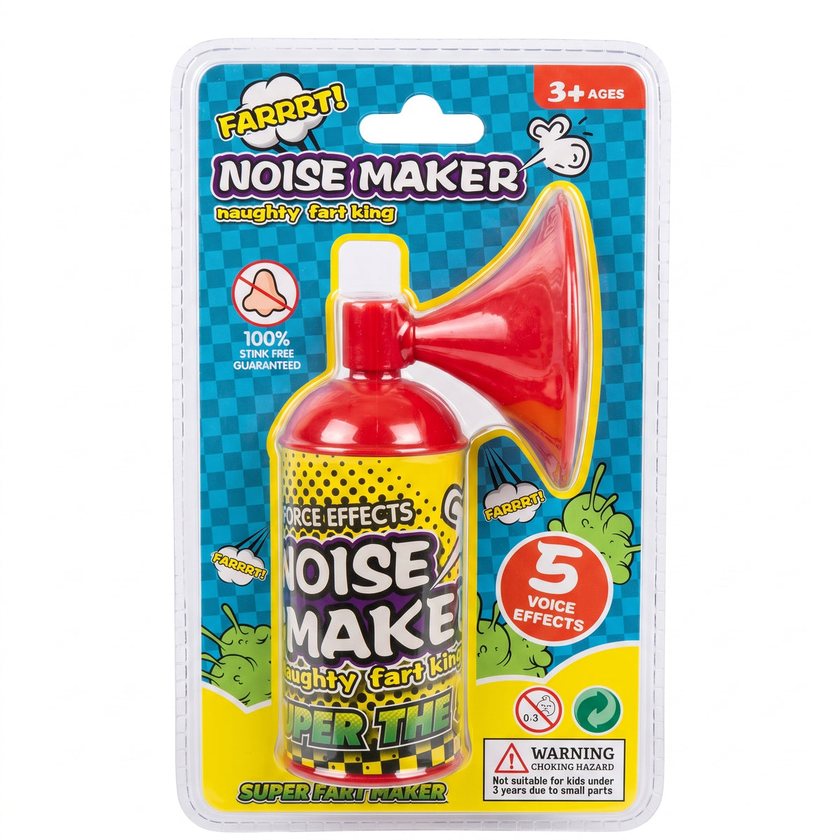 Red novelty fart noise maker horn in blister pack