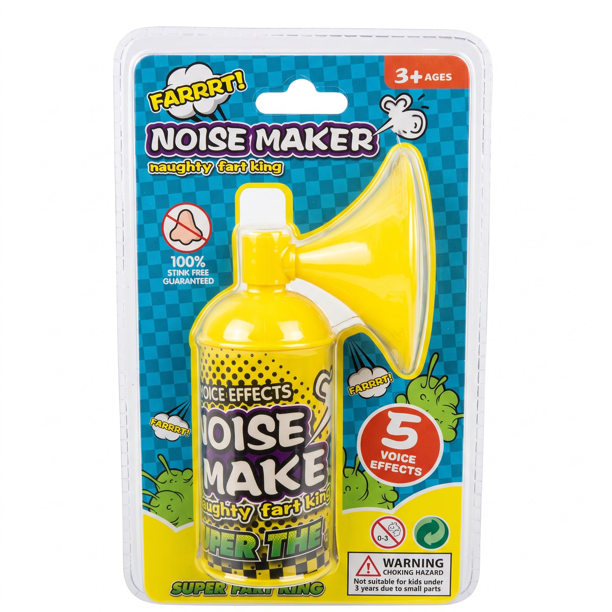 Yellow novelty fart noise maker horn in blister pack