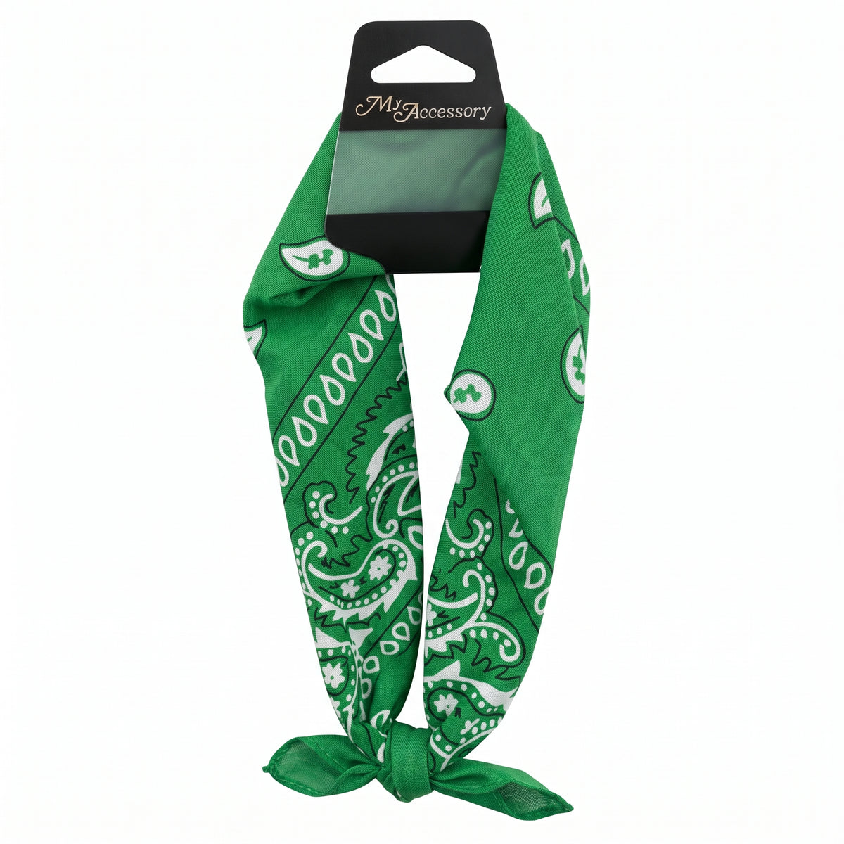 Green paisley bandana headband on a hang-sell card
