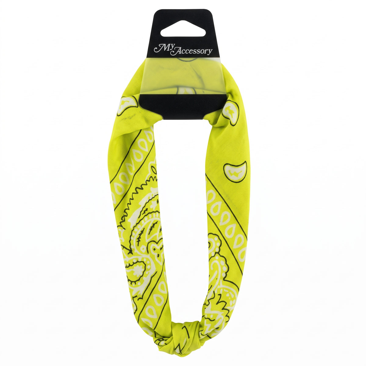 Yellow paisley bandana headband on a hang-sell card
