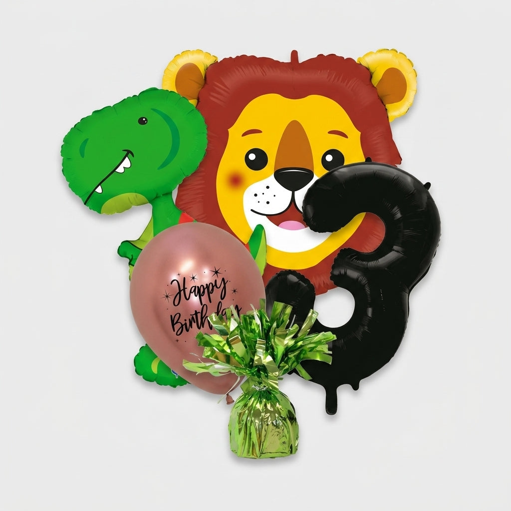 Foil balloon shapes, a number balloon, a latex balloon and a balloon weight grouped together