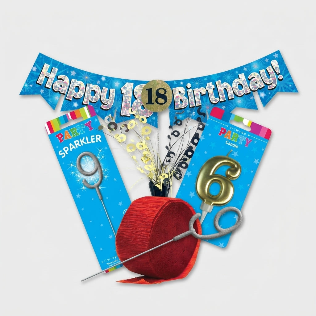 A birthday banner, centrepiece weight, gold number candle, crepe streamer and sparkler grouped together