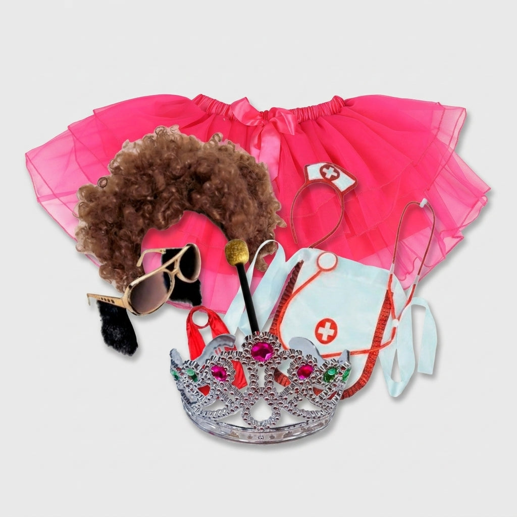 A pink tutu, afro wig, two costume sets and a princess tiara grouped together Description: