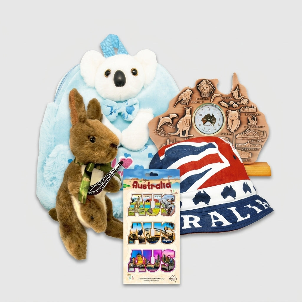 A koala backpack, Australian bucket hat, plush kangaroo, magnet pack and map clock grouped together