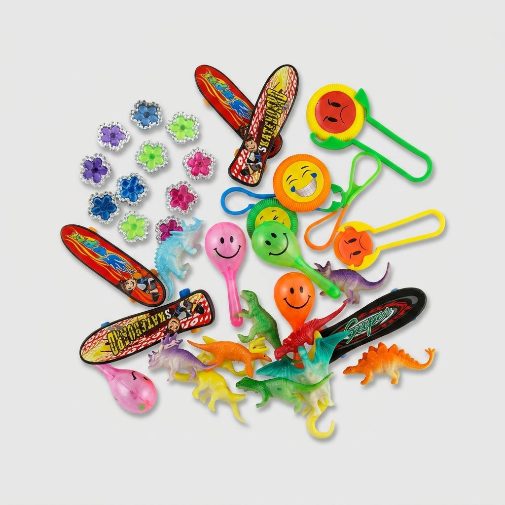 Flower rings, mini skateboards, toy dinosaurs, maracas and a disc shooter scattered together