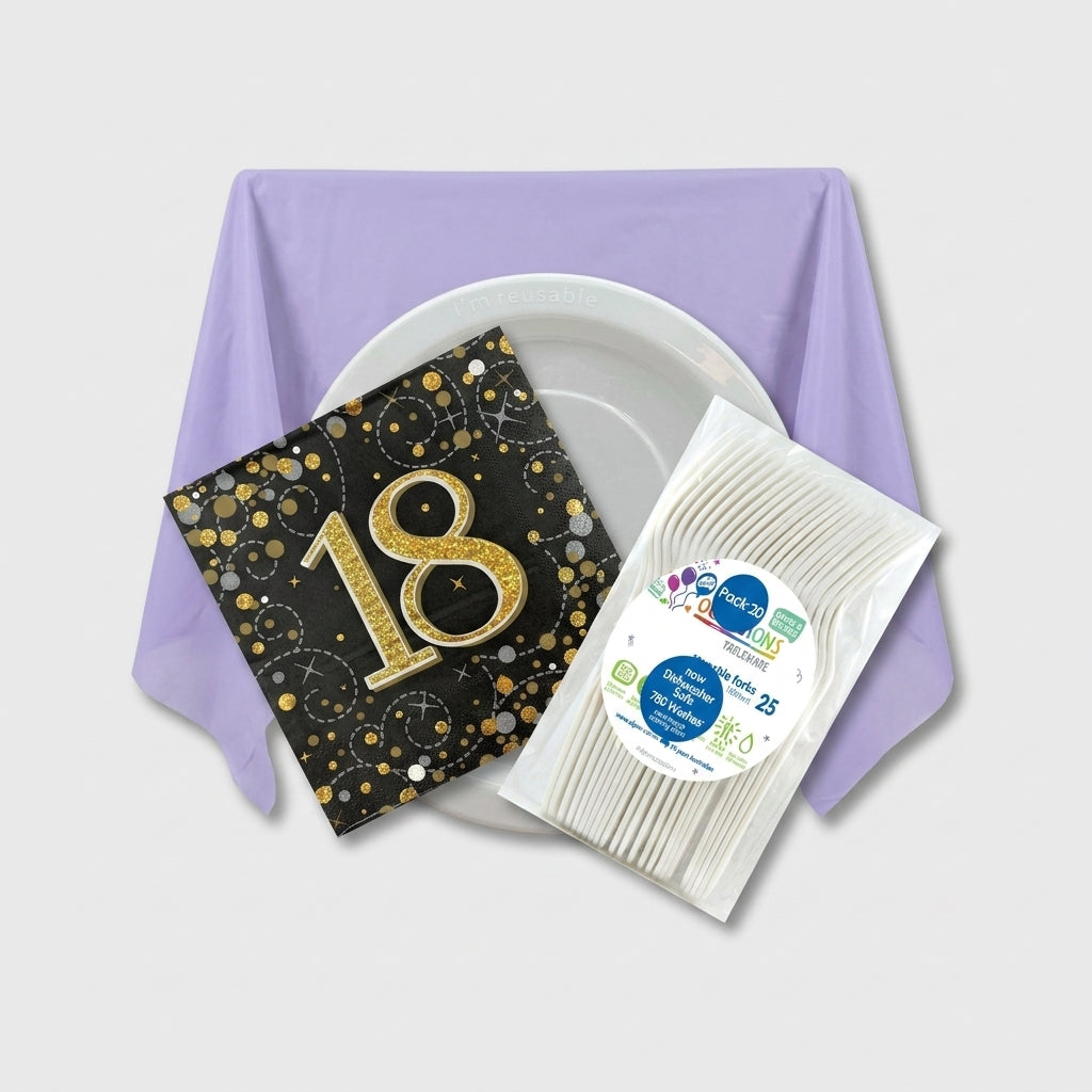A lavender tablecover, patterned napkin, white plate, forks and spoons arranged together