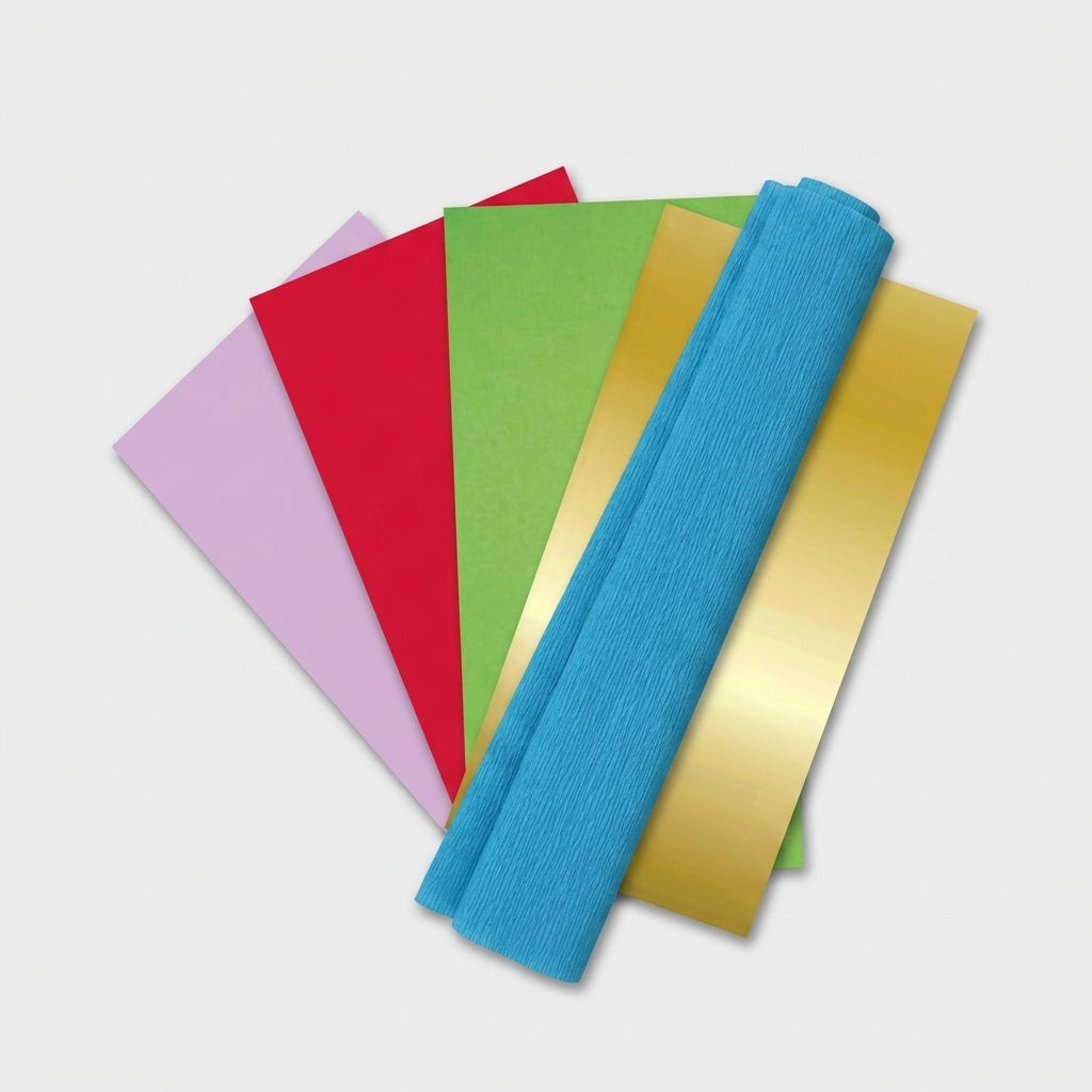 Four coloured tissue paper packs fanned out with a blue crepe paper sheet across the front