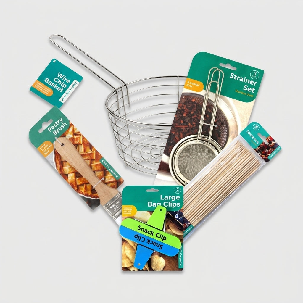 A wire chip basket, mesh strainer set, pastry brush, bamboo skewers and sealing clips grouped together