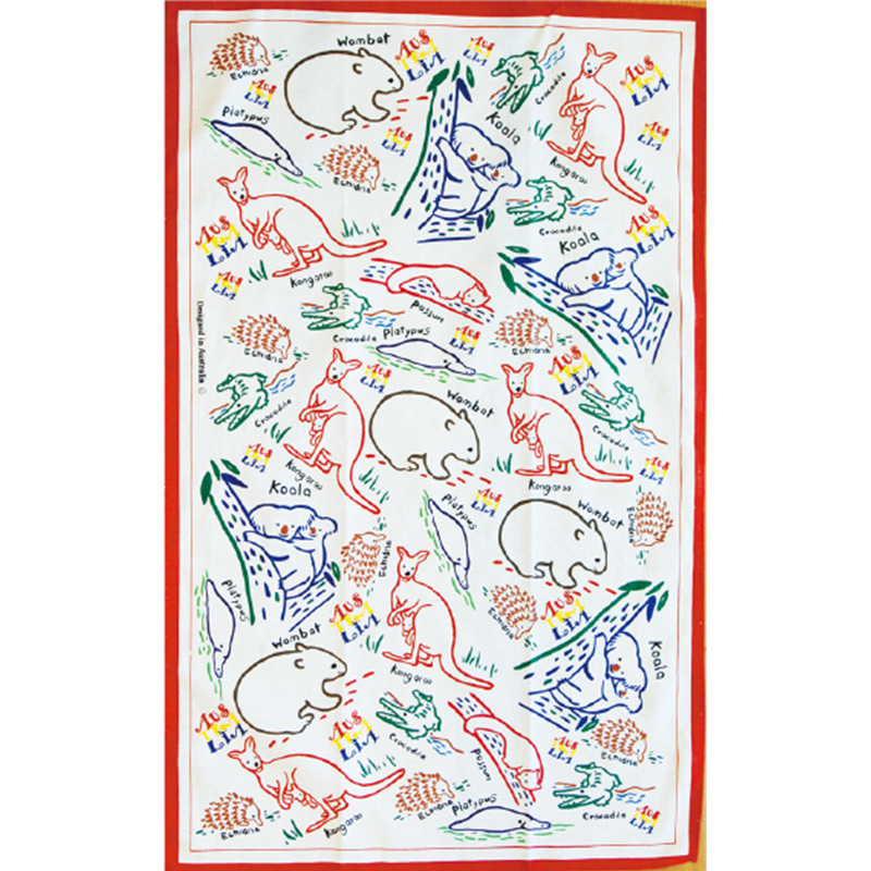 Australian Souvenir Cotton Tea Towel - Animal Design White Color