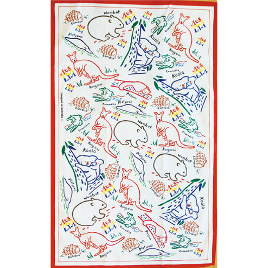 Australian Souvenir Cotton Tea Towel - Animal Design White Color
