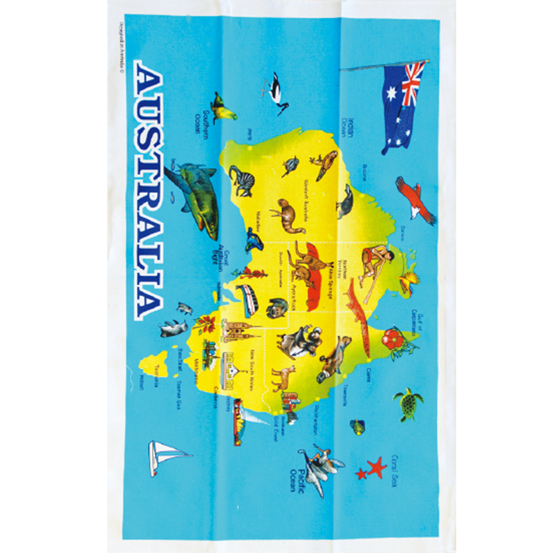 Australian Souvenir Cotton Tea Towel - Map Design Blue Color