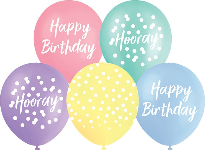 Balloons Printed 30cm Happy Birthday Pastels (Pack of 10)