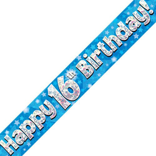 Blue Holographic Happy #16 Birthday Banner