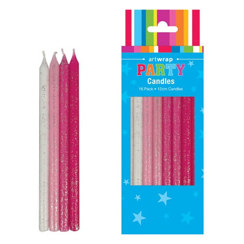 Candle 16Pk 12cm Glitter Pinks
