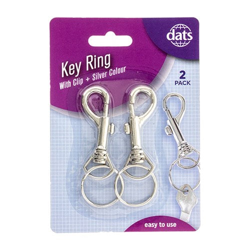 Key Ring Metal Silver w Clip 2pk