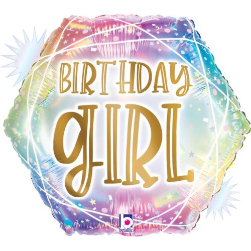 Helium INFLATED Opal Pastel Geo Birthday Girl Holographic Hexagon