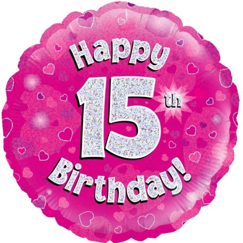 Pink Holographic Happy #15 Birthday - Round