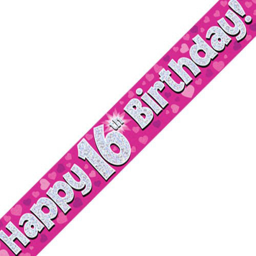 Pink Holographic Happy #16 Birthday Banner