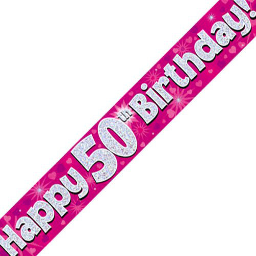 Pink Holographic Happy #50 Birthday Banner
