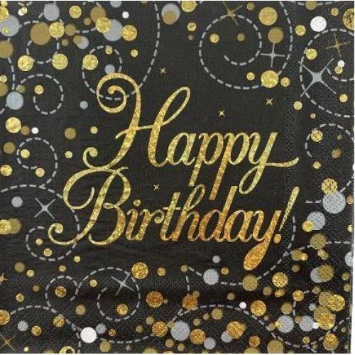 Sparkling Fizz Black Gold Happy Birthday Napkin / Serviettes