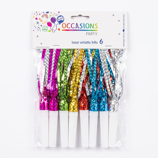 Pack of six laser foil whistle frills in packaging