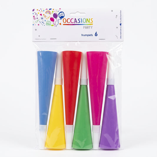 Pack of six coloured plastic party trumpets in packaging