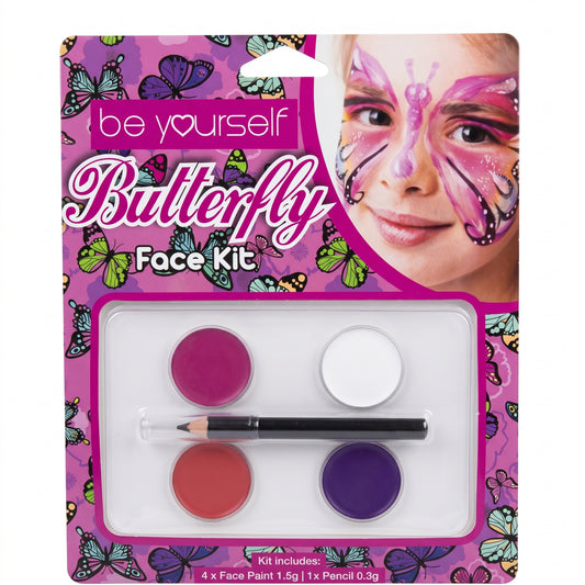 Butterfly face paint kit with face paints and applicator in blister pack