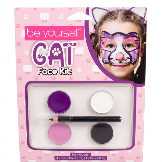Cat face paint kit with face paints and applicator in blister pack