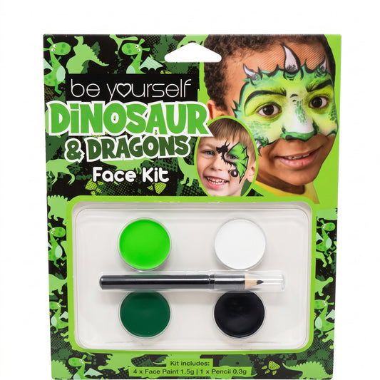 Dinosaur and Dragons face paint kit with face paints and applicator in blister pack