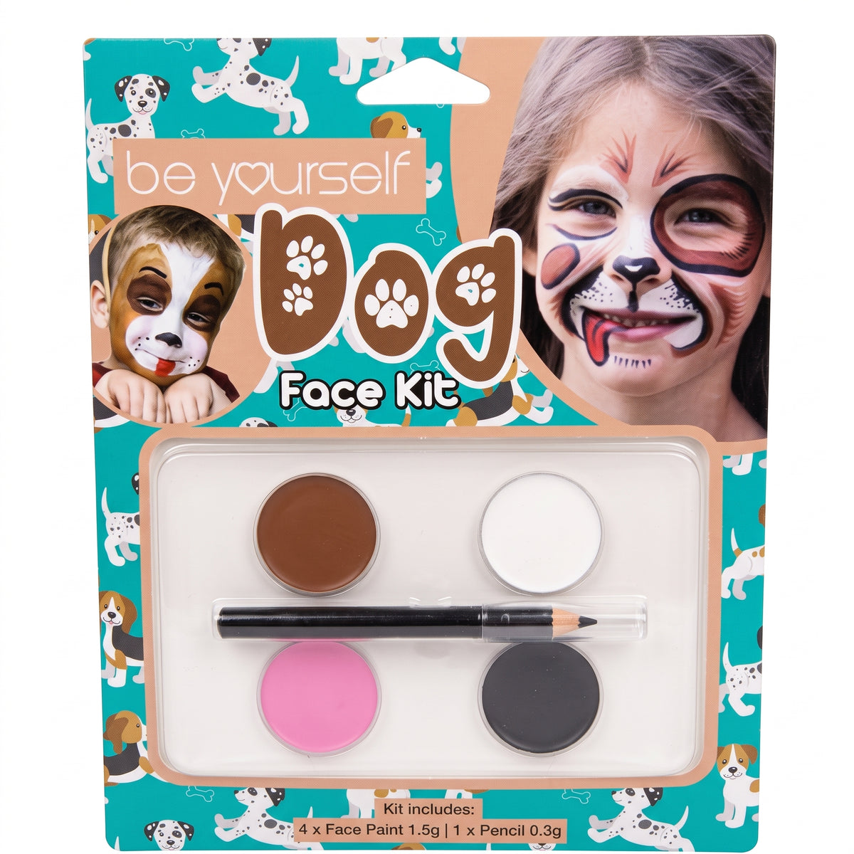 Dog face paint kit with face paints and applicator in blister pack