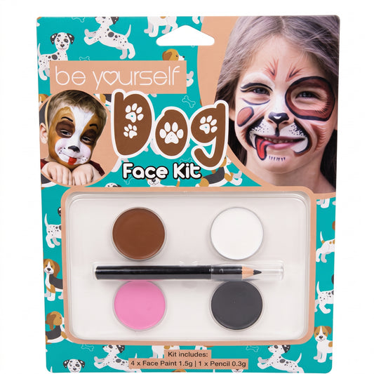 Dog face paint kit with face paints and applicator in blister pack