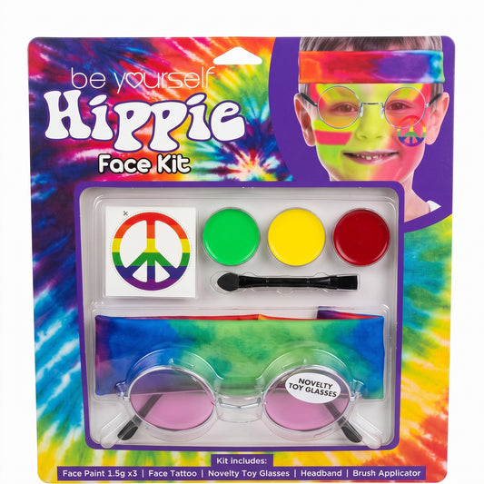 Hippie face paint kit with paints, peace sign tattoo, round glasses and tie-dye headband
