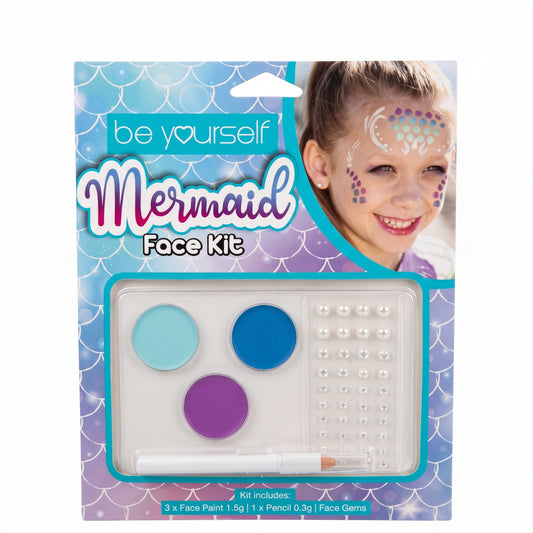 Mermaid face paint kit with face paints and applicator in blister pack