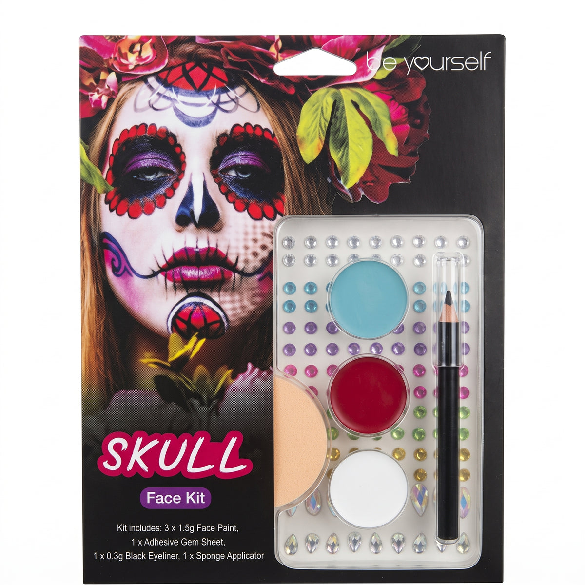 Skull face paint kit with face paints and applicator in blister pack