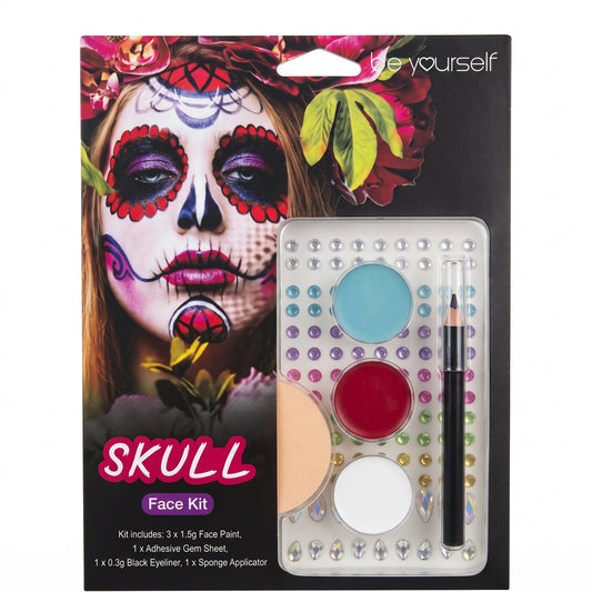 Skull face paint kit with face paints and applicator in blister pack