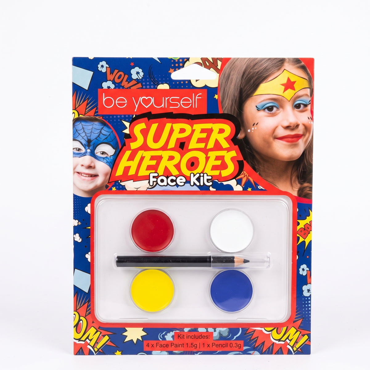 Super Heroes face paint kit with face paints and applicator in blister pack
