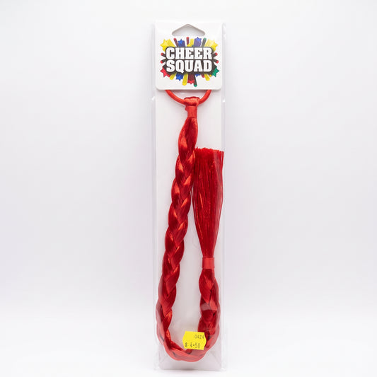Red braided hair extension with tinsel strand on a Cheer Squad card