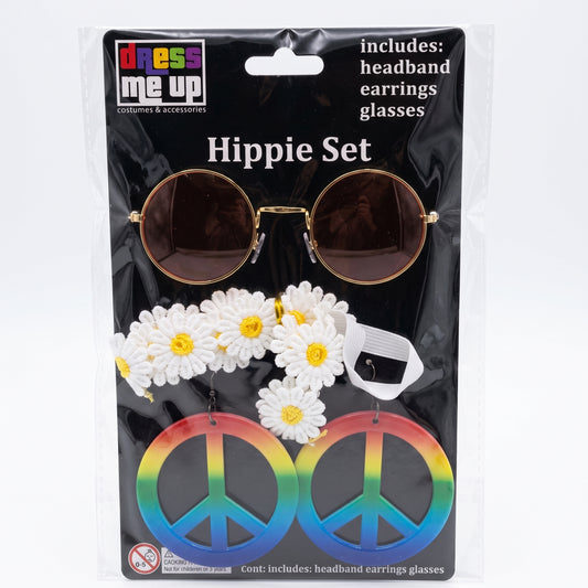 Hippie accessory set with round glasses, daisy headband and rainbow peace sign earrings