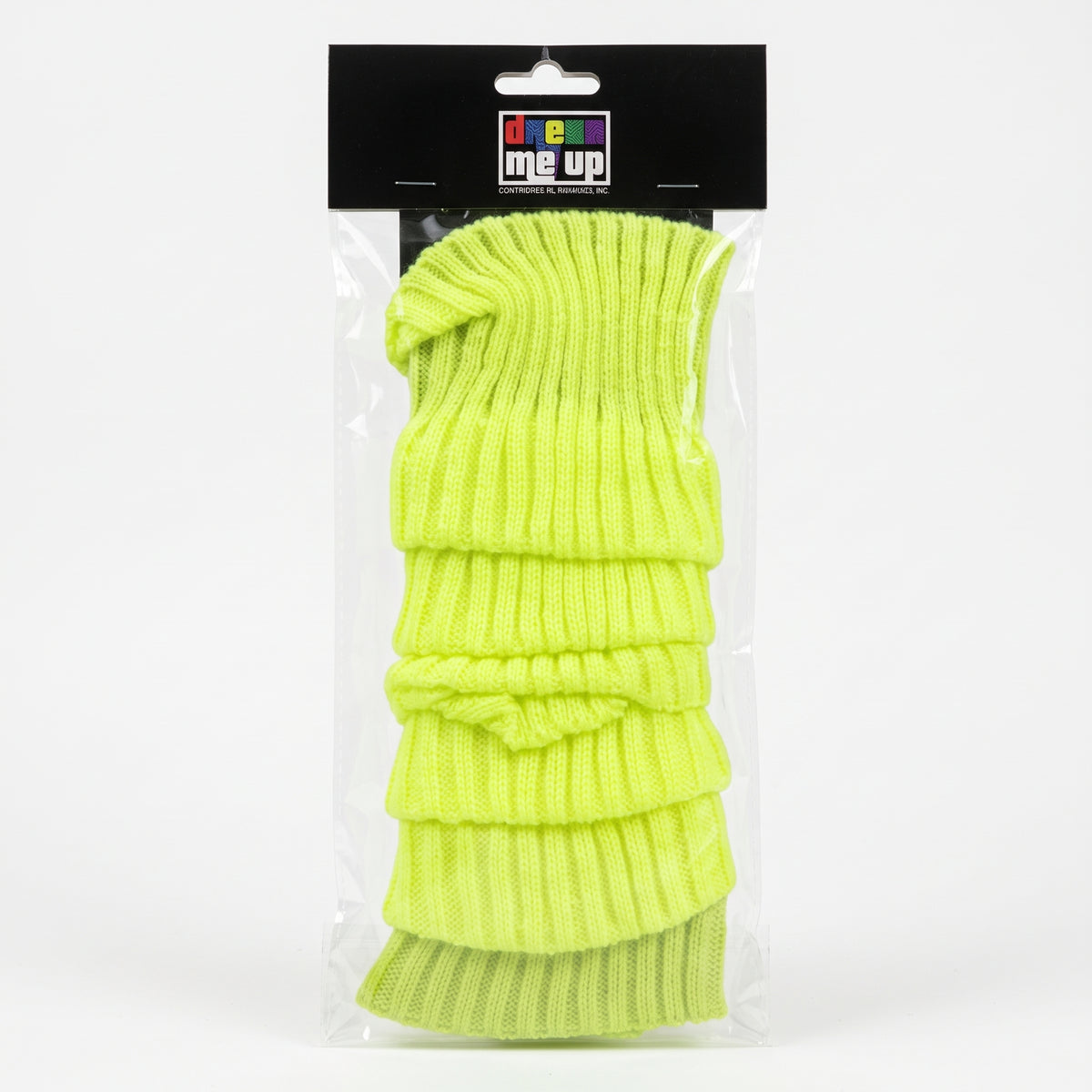 Pair of neon yellow ribbed knit leg warmers in packaging