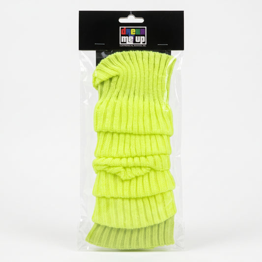 Pair of neon yellow ribbed knit leg warmers in packaging