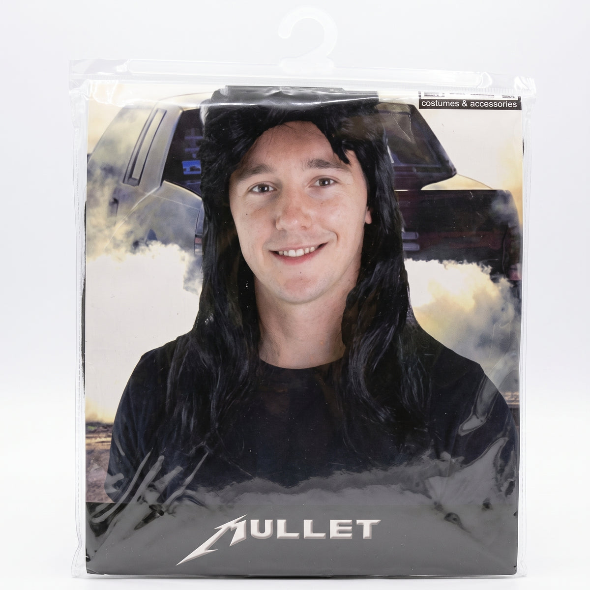 Black 80s mullet costume wig in packaging