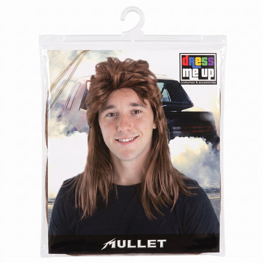 Brown 80s mullet costume wig in packaging
