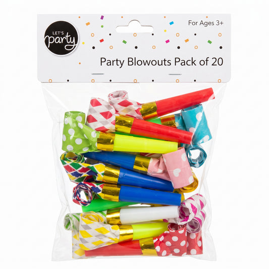 Pack of twenty assorted party blowouts in packaging